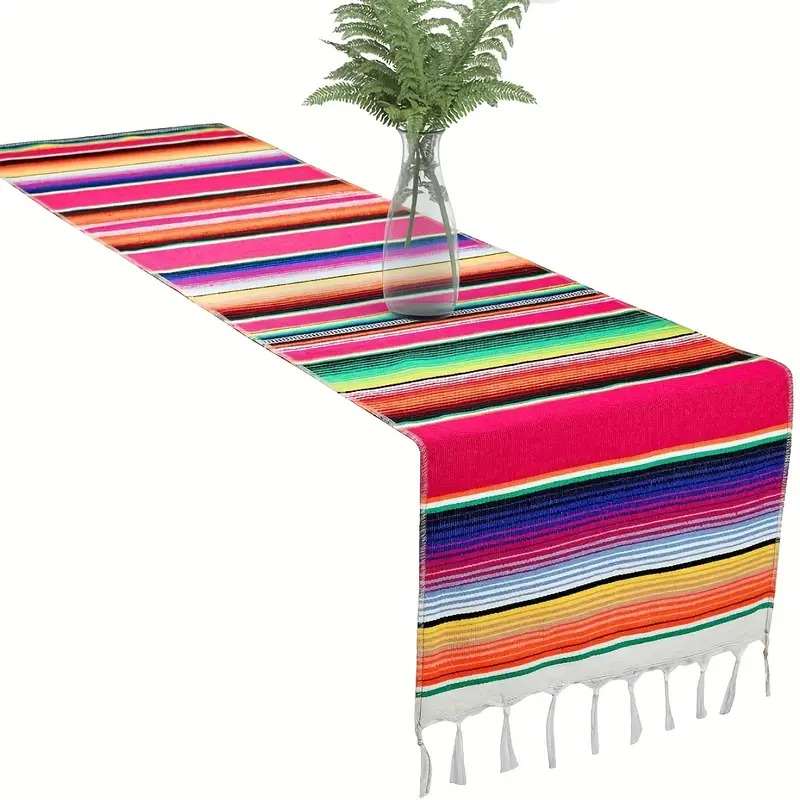 V563-BQ05575-206127-00 Rainbow Table Cloth Runner Stripe w/ Tassel Mexican Tablecloth Wedding Party Decor - Image 1