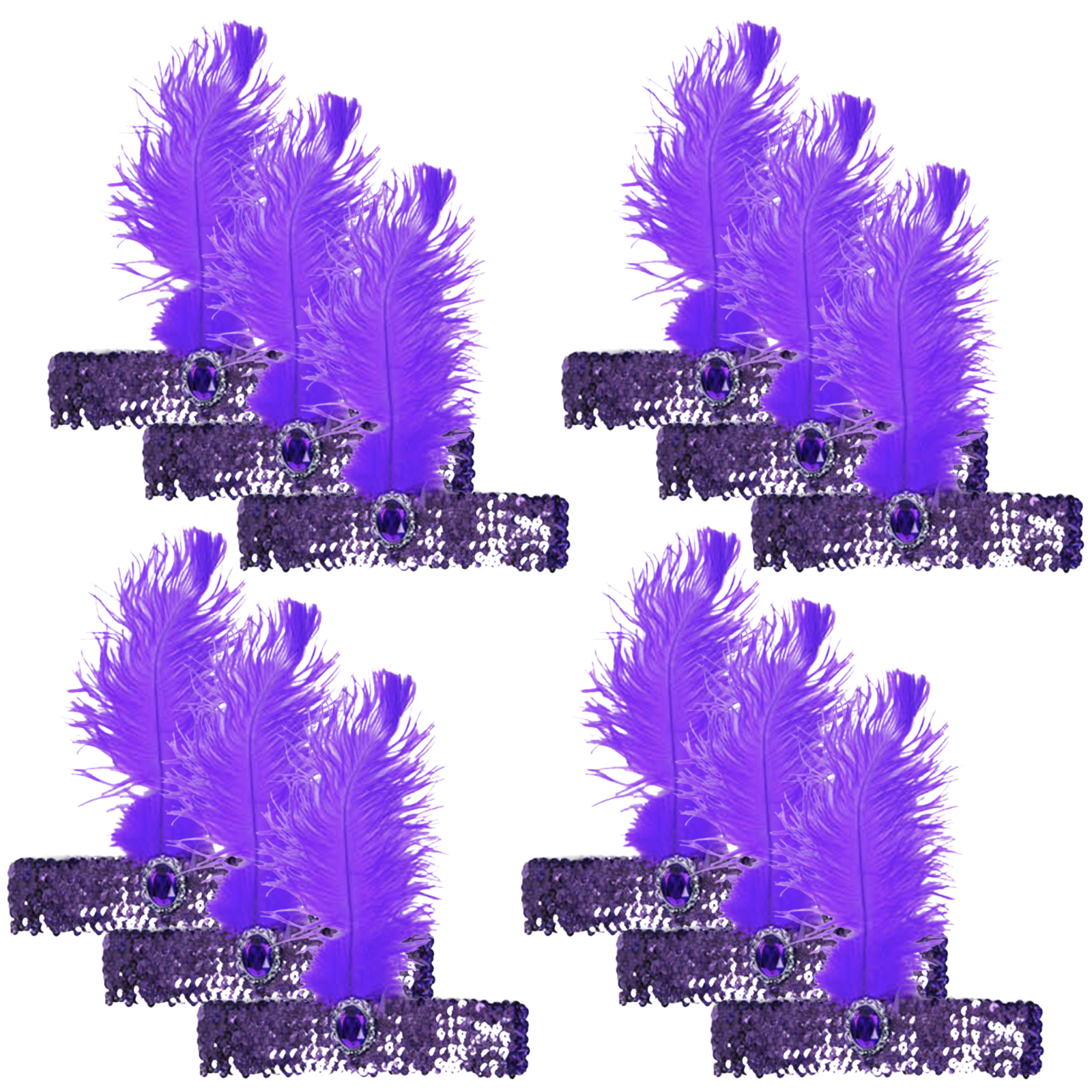 V563-BR-12FLAPPERHDBND-PUR-202503072110-00 12x 1920s FLAPPER HEADBAND Headpiece Feather Sequin Charleston Gatsby Party BULK - Purple - Image 1