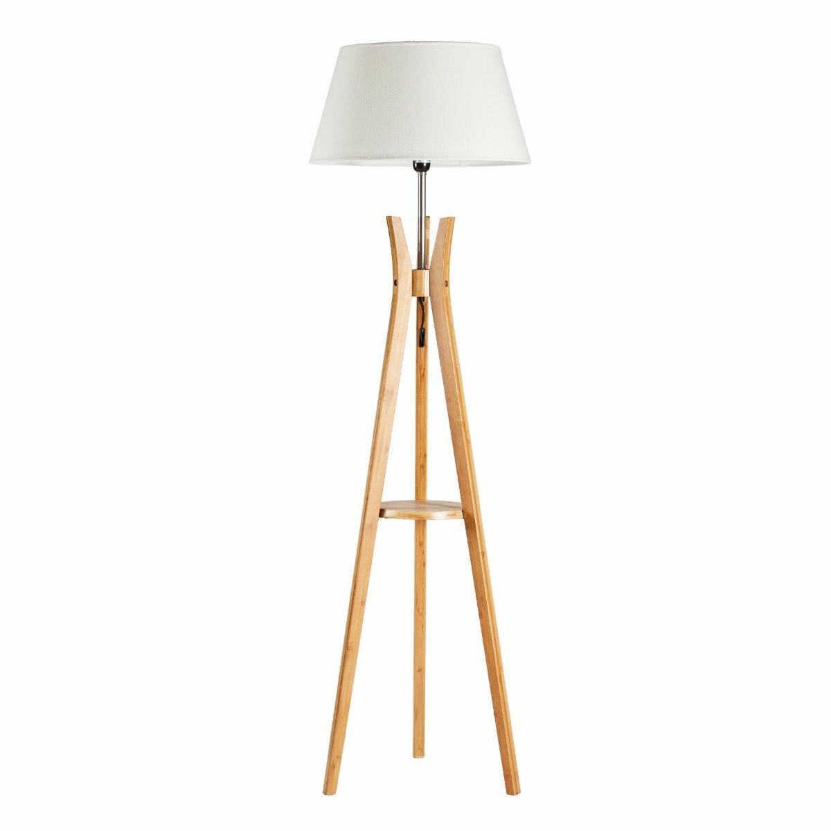 V563-BR-75099-173988-00 LARGE BAMBOO TRIPOD FLOOR LAMP Linen Shade Modern Light Vintage Wooden Scandi - Image 1