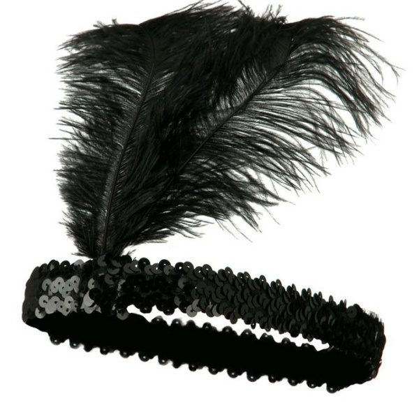 V563-BR-FLAPHEADB-BLK-184693-00 1920s FLAPPER HEADBAND Headpiece Feather Sequin Charleston Costume Gatsby Dance - Black - Image 1