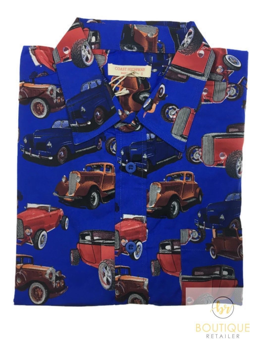 V563-BR-HWNSHT-VNTGC1425-M-202503051716-00 Mens Oahu Hawaiian Party Shirt Button Hippie Tops Short Sleeve Beach Holiday - Vintage Car (1425) - M - Image 1