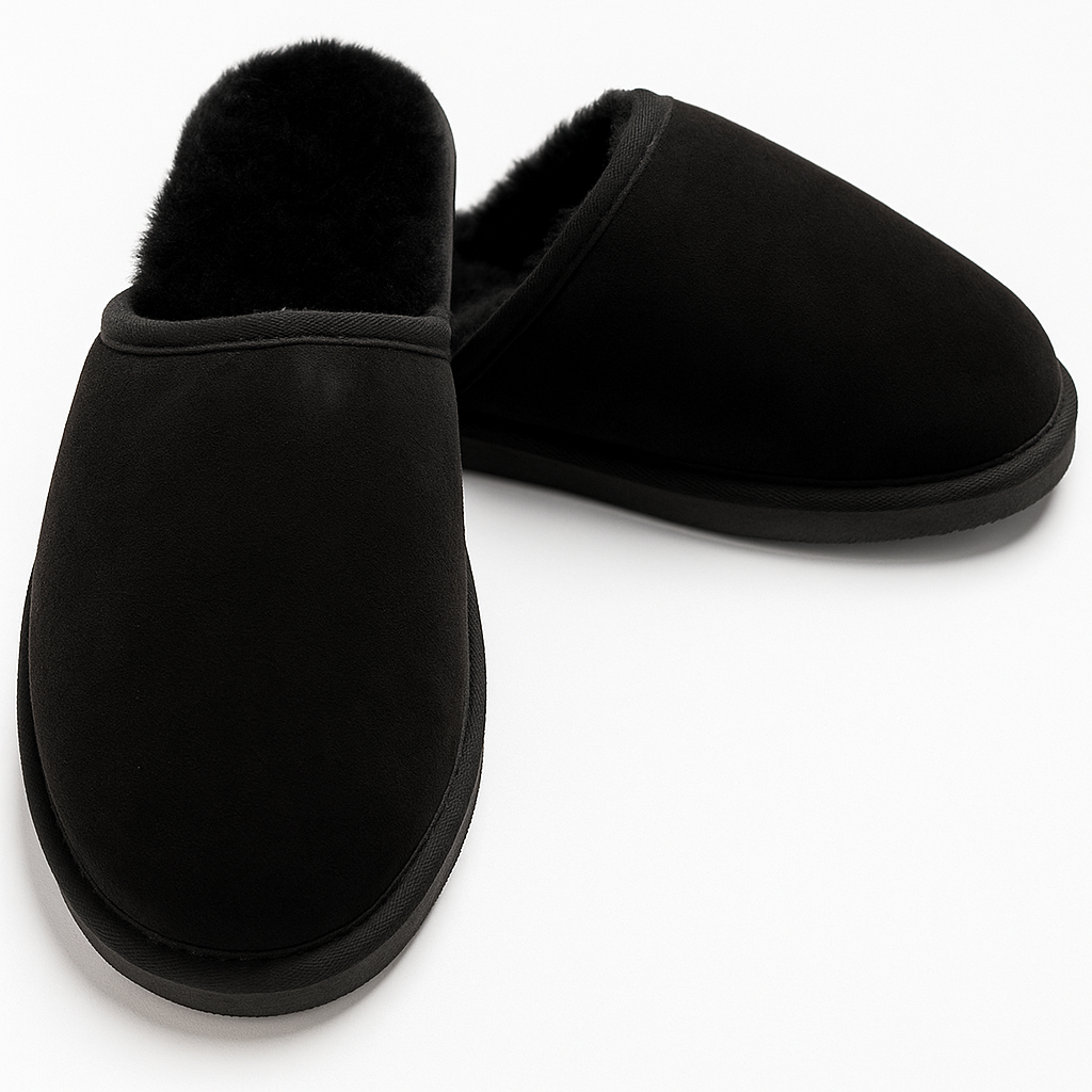 V563-BR-SHEEPSCUFFS-BLKWOFR-8-202506241308-00 Sheepskin Wool Mens Slippers Scuffs Slip On Winter Ugg Slippers in Black - 8 - Image 1