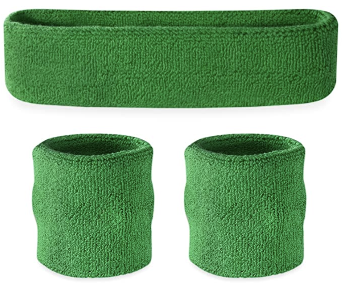 V563-BR-WRISTXHBSET-GREEN-184625-00 WRISTBAND & HEADBAND SET Tennis Terry Towelling Cotton Sweat Band Team Gym - Green - Image 1