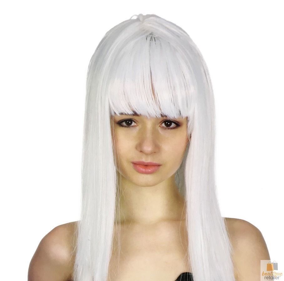 V563-BR-WSLWIG-WHT_22451-184286-00 LONG WIG Straight Party Hair Costume Fringe Cosplay Fancy Dress 70cm Womens - White (22451) - Image 1