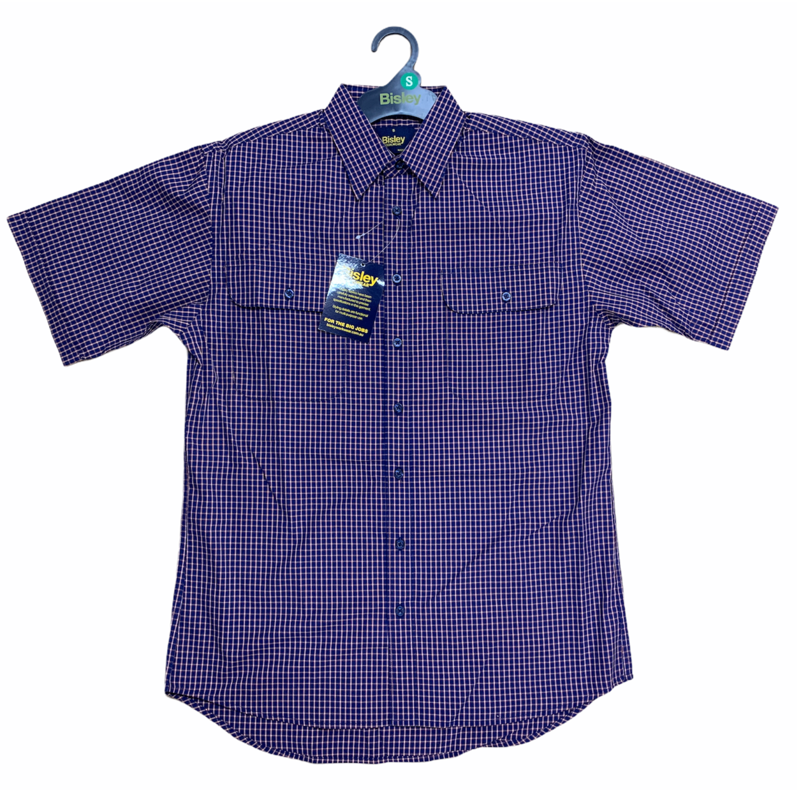 V563-BS2858_CBDE-S-202503051840-00 Bisley Mens Short Sleeve Check Shirt Checkered Cotton Blend Casual Business Work - Navy - S - Image 1