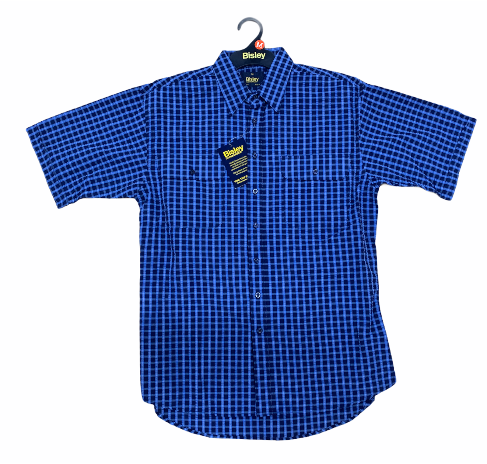 V563-BS2884_CMVB-M-202503051845-00 Bisley Mens Short Sleeve Seersucker Shirt Checkered Cotton Blend Casual Business Work - Blue - M - Image 1