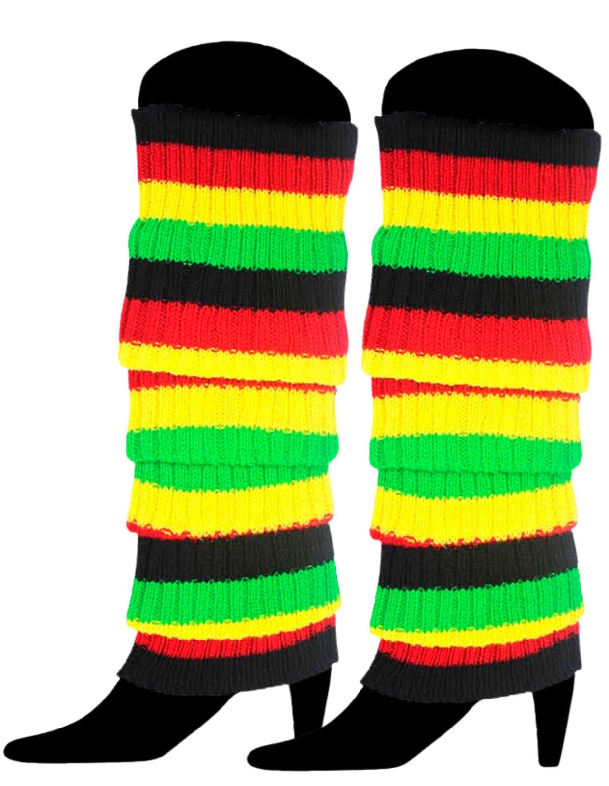 V563-CHUNKYRAINBOWLW-INDGENOUS-184723-00 RAINBOW LEG WARMERS High Knitted Womens Neon Party Knit Ankle Socks 80s Dance - Indigenous Colours - Image 1