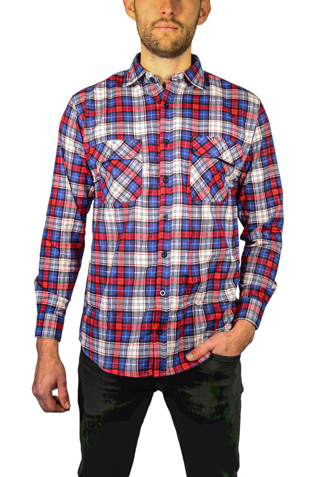 V563-FS-FP21-49-S-202502241348-00 Mens Flannelette Long Sleeve Shirt 100% Cotton Check Authentic Flannel - Full Placket - Navy/Red/White - S - Image 1