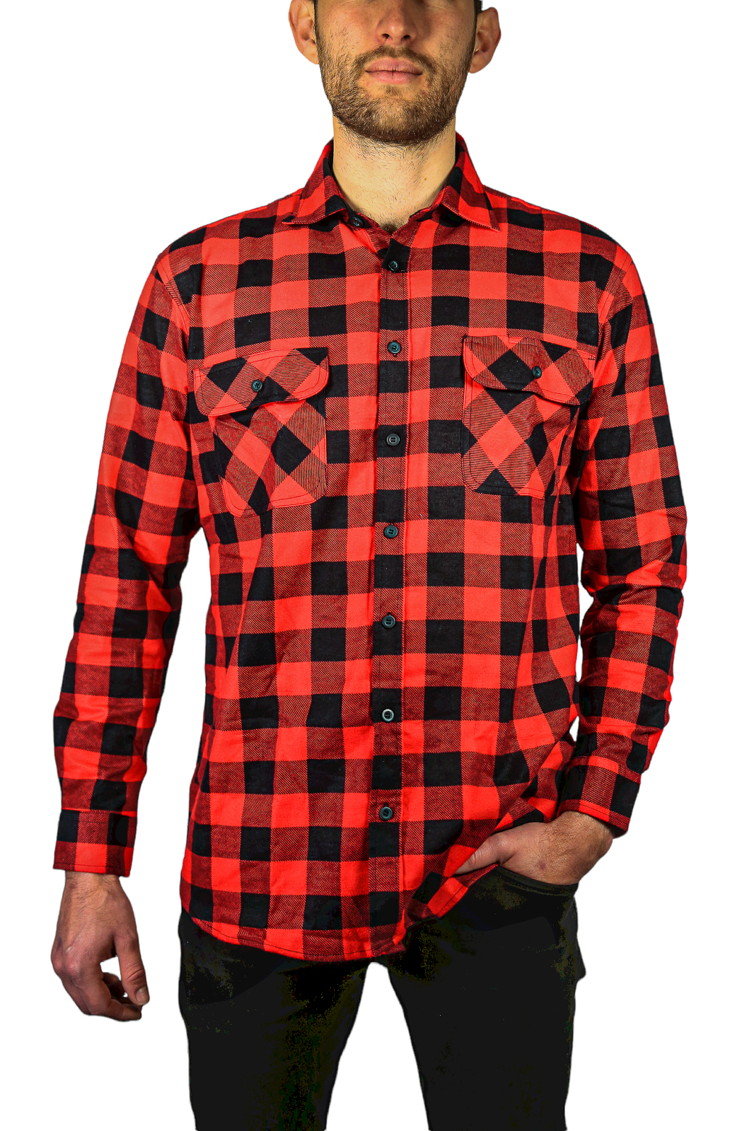 V563-FS-FP22-190-M-202503052210-00 Mens 100% Cotton Flannelette Shirt Long Sleeve Check Authentic Flannel - Red/Black - M - Image 1