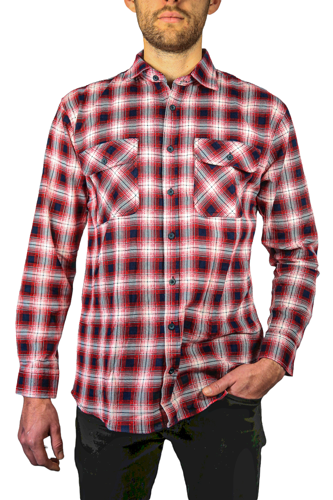 V563-FS-FP22-49-7XL-202503051610-00 Mens 100% Cotton Flannelette Shirt Long Sleeve Check Authentic Flannel - Red/Navy - 7XL - Image 1