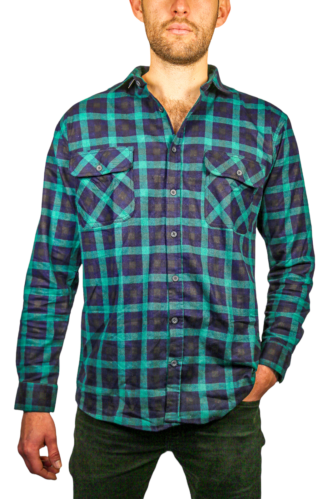 V563-FS-FP22-82-XL-202503051931-00 Mens 100% Cotton Flannelette Shirt Long Sleeve Check Authentic Flannel - Green/Navy - XL - Image 1