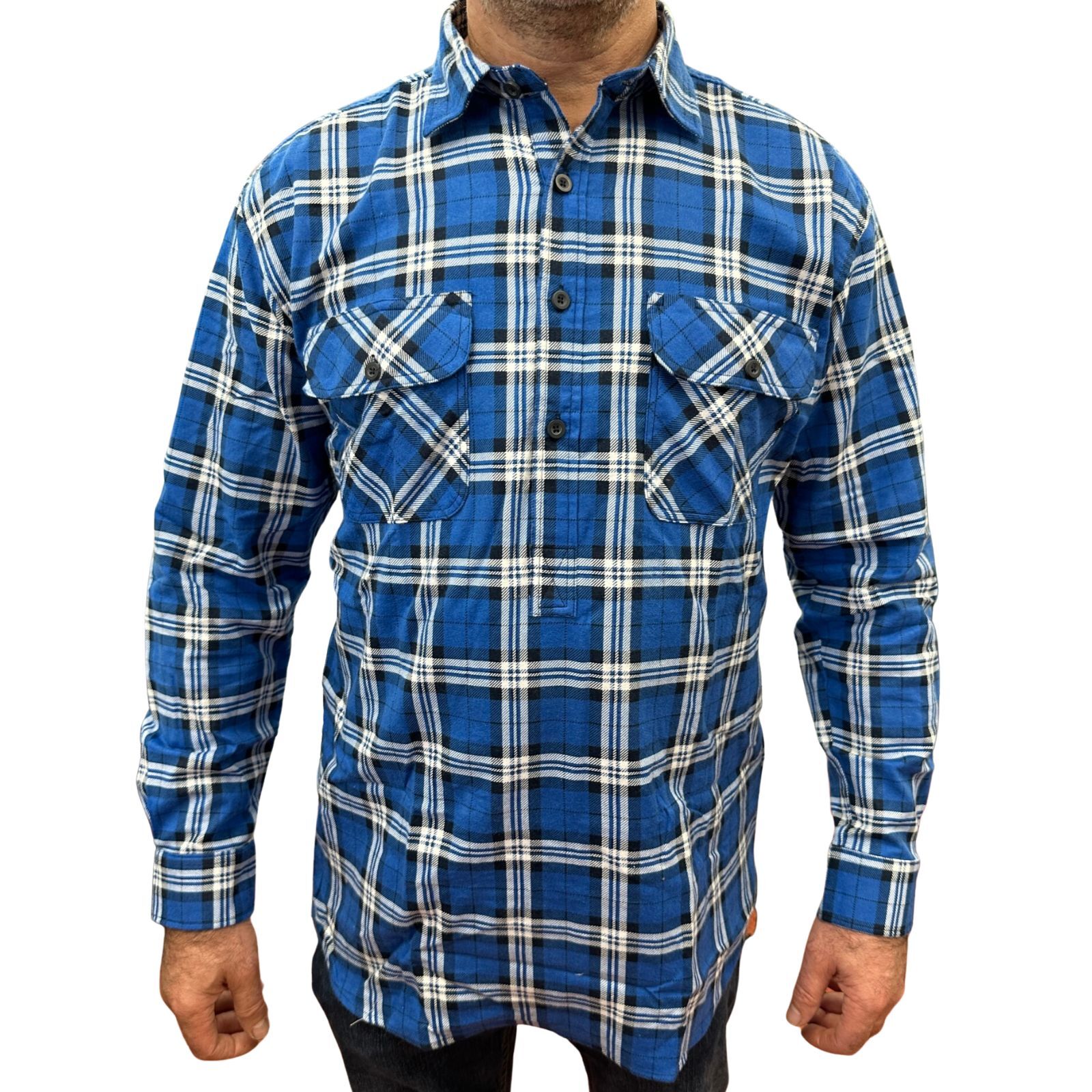 V563-FS-HP22-149-4XL-202503051541-00 Mens Flannelette Long Sleeve Pullover Shirt 100% Cotton Flannel - Half Placket - Navy - 4XL - Image 1