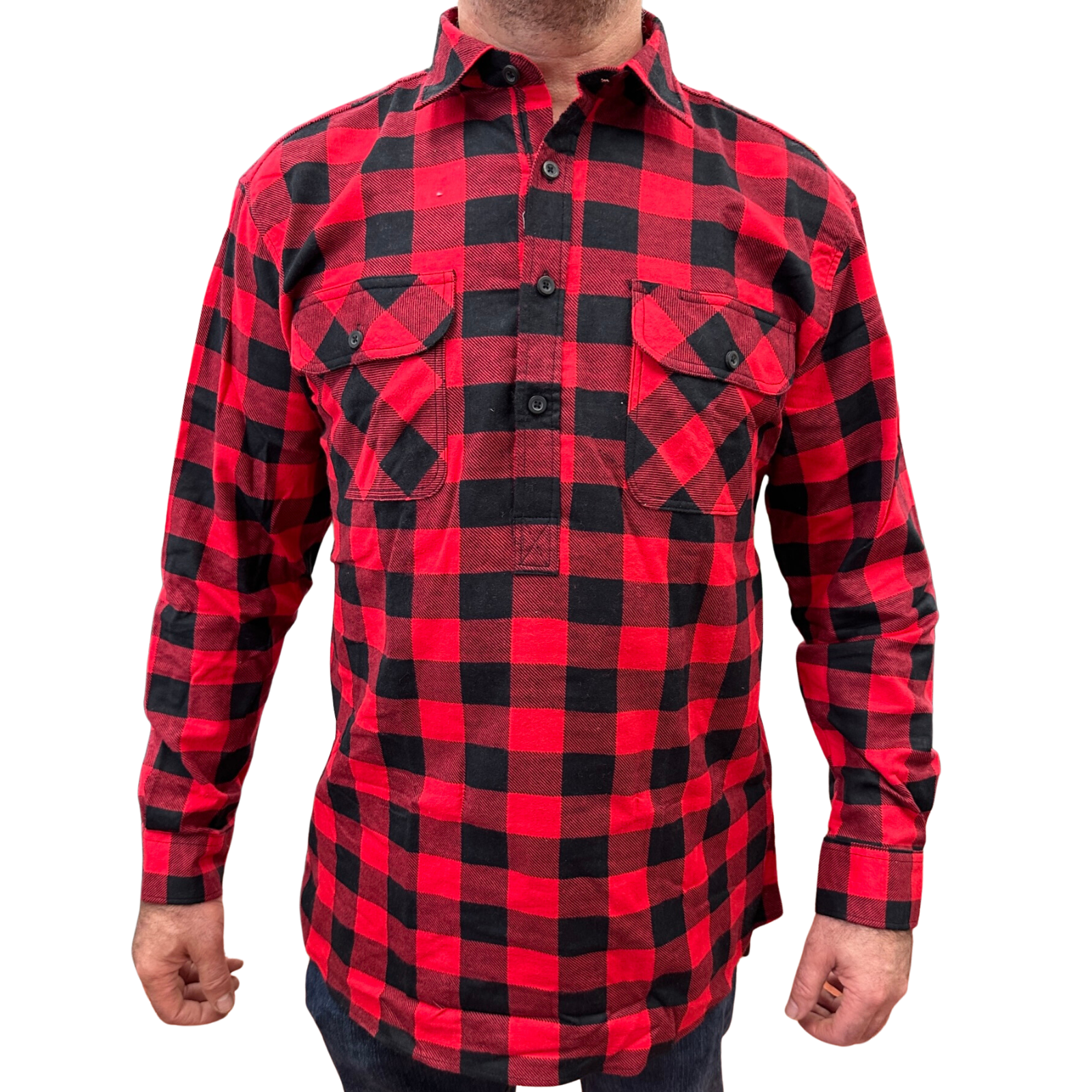 V563-FS-HP22-190-6XL-202503051540-00 Mens Flannelette Long Sleeve Pullover Shirt 100% Cotton Flannel - Half Placket - Red/Black - 6XL - Image 1