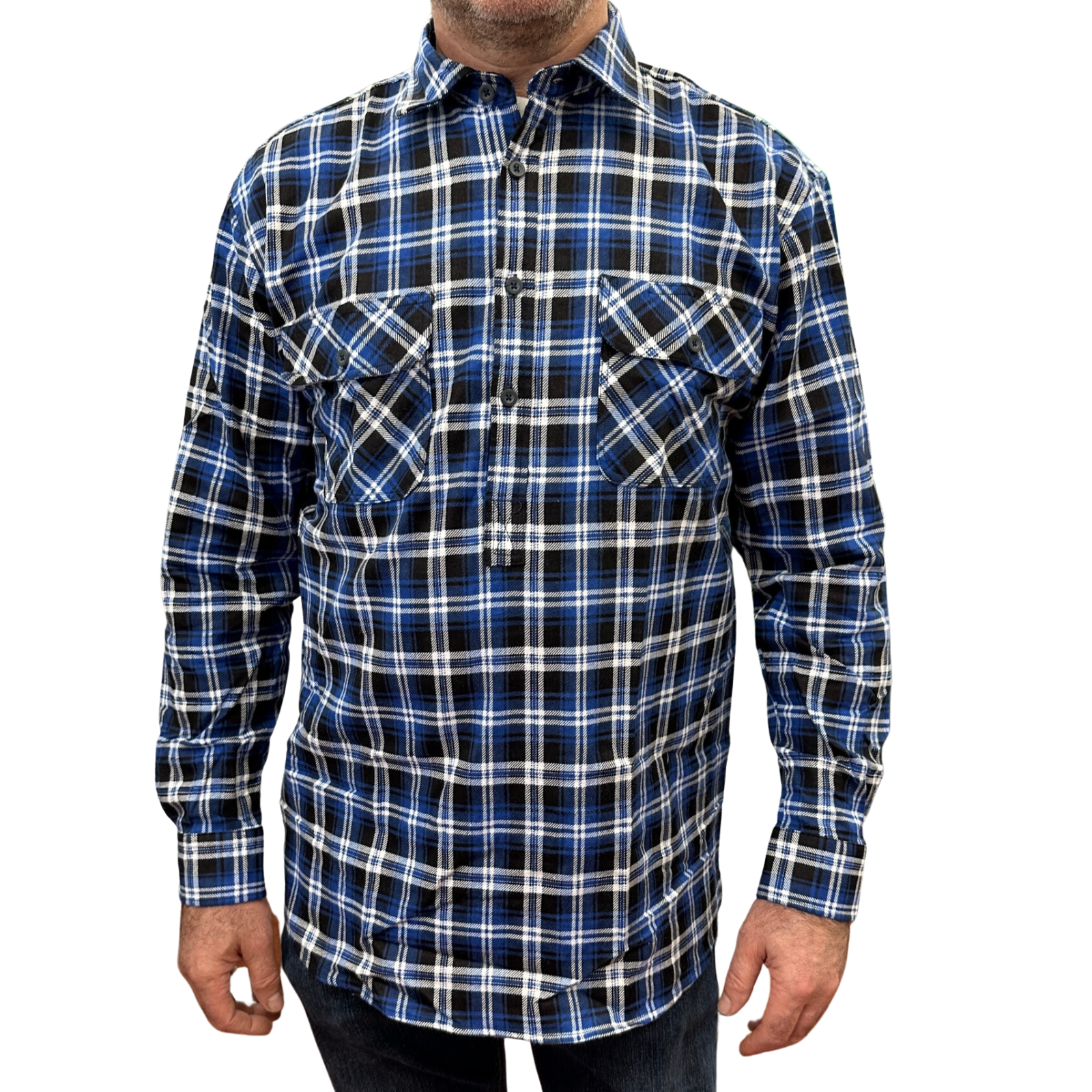 V563-FS-HP22-45-5XL-202503051526-00 Mens Flannelette Long Sleeve Pullover Shirt 100% Cotton Flannel - Half Placket - Blue/Black - 5XL - Image 1