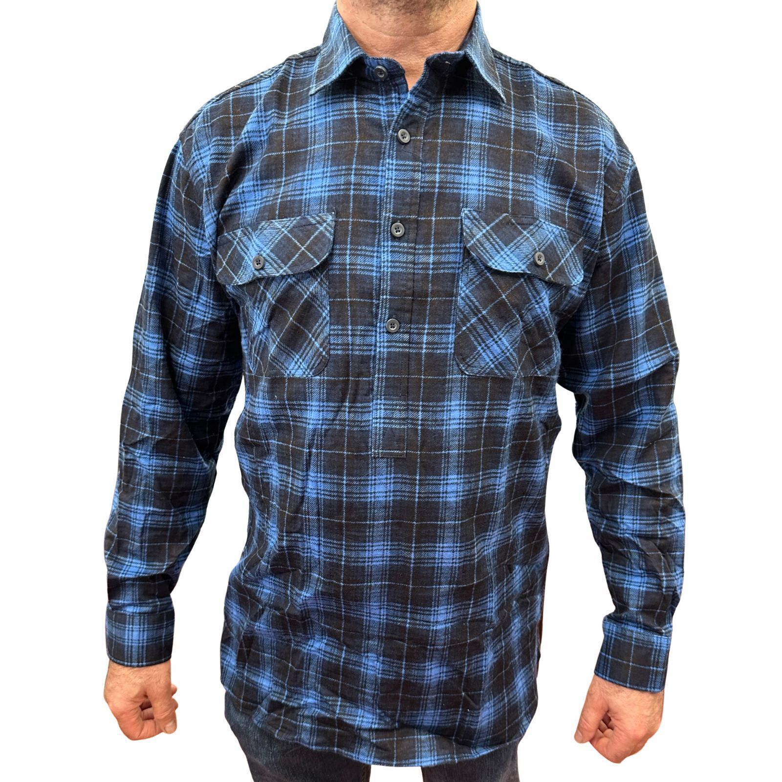 V563-FS-HP22-48-5XL-202503051545-00 Mens Flannelette Long Sleeve Pullover Shirt 100% Cotton Flannel - Half Placket - Blue - 5XL - Image 1