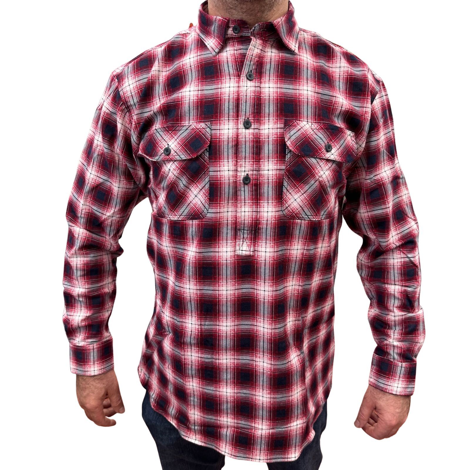 V563-FS-HP22-49-6XL-202503051531-00 Mens Flannelette Long Sleeve Pullover Shirt 100% Cotton Flannel - Half Placket - Red/Black - 6XL - Image 1
