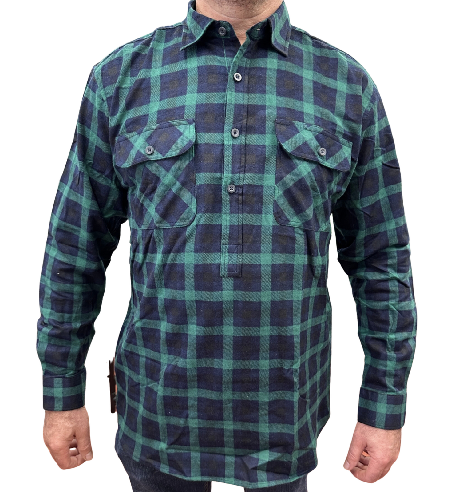 V563-FS-HP22-82-3XL-202503051535-00 Mens Flannelette Long Sleeve Pullover Shirt 100% Cotton Flannel - Half Placket - Green/Navy - 3XL - Image 1