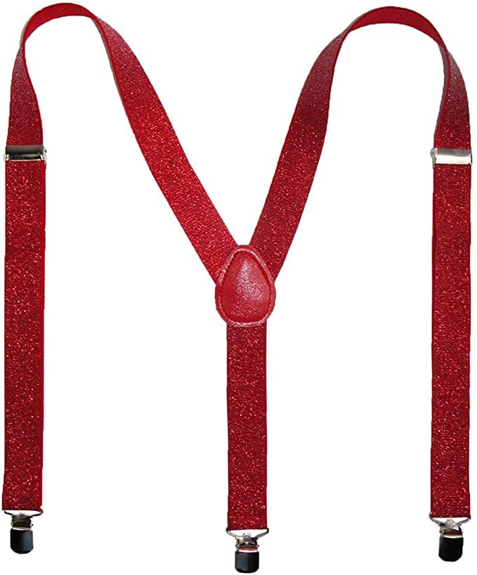 V563-GLITRSUSPENDERS-REDGLIT-184653-00 GLITTER SPARKLE SUSPENDERS Braces Clipon Elastic Y-Back Slim Adjustable - Red (Glitter) - Image 1