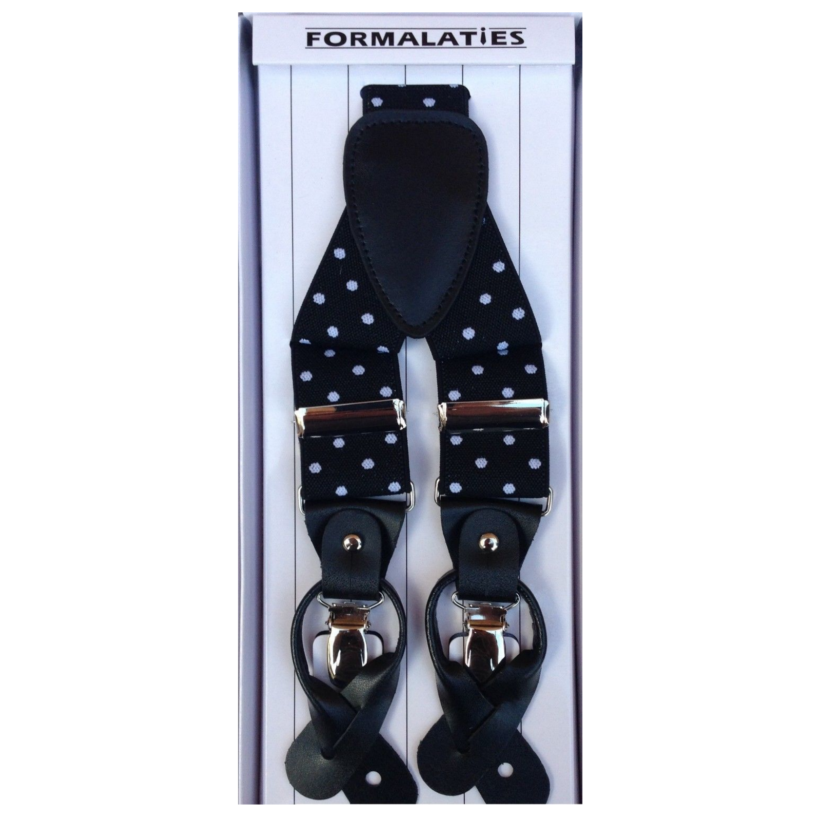 V563-LXRYSUSPENDERS-PLKBLKWHT-202506020817-00 Mens Premium Convertible Suspenders Braces Clip On Elastic Y-Back Traditional Leather Tab - Polka Black/White - Image 1