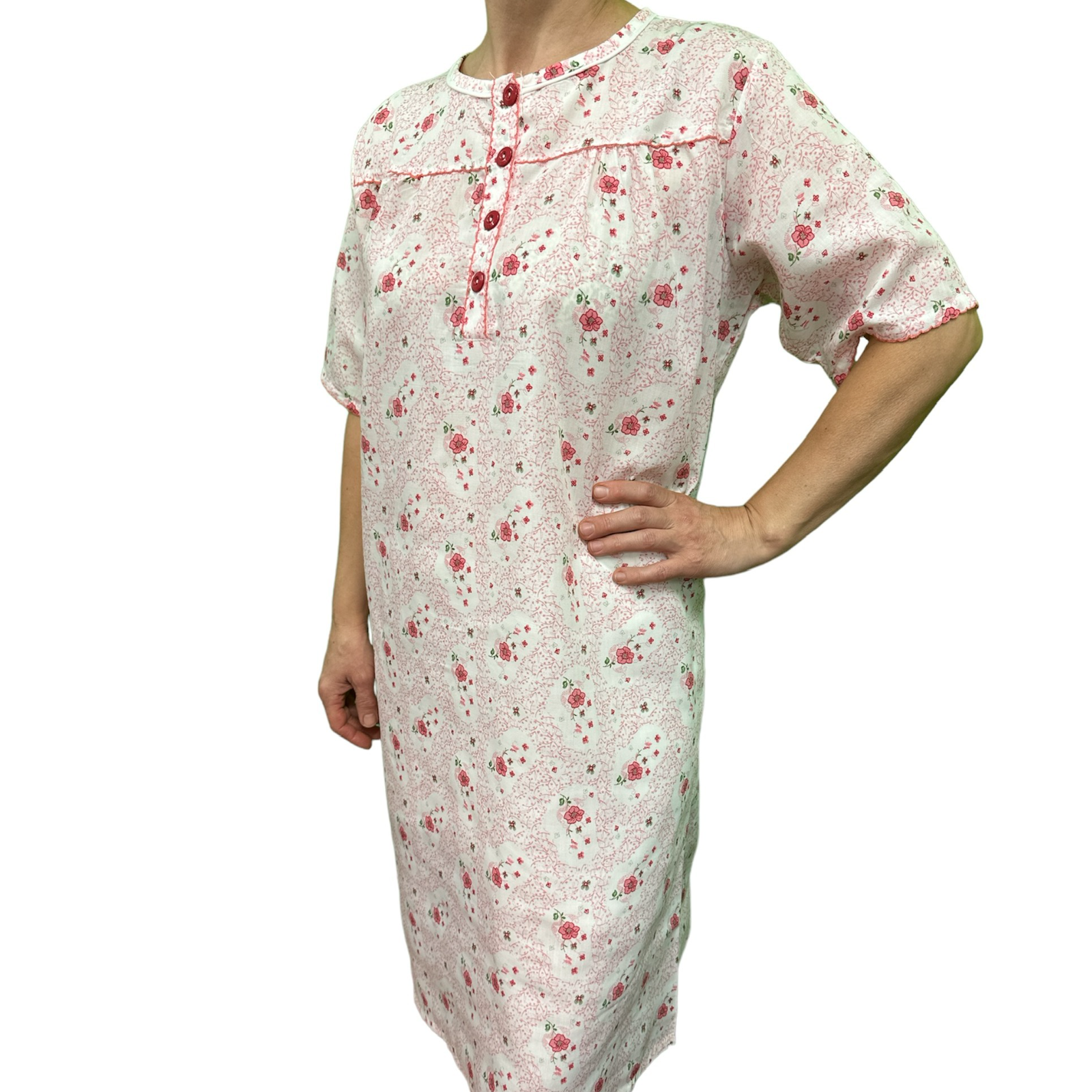 V563-NI-001-PINK-12-202503051631-00 Womens 100% Cotton Short Sleeve Nightie Gown Night Sleepwear Pyjamas PJ Pajamas - Pink - 12 - Image 1
