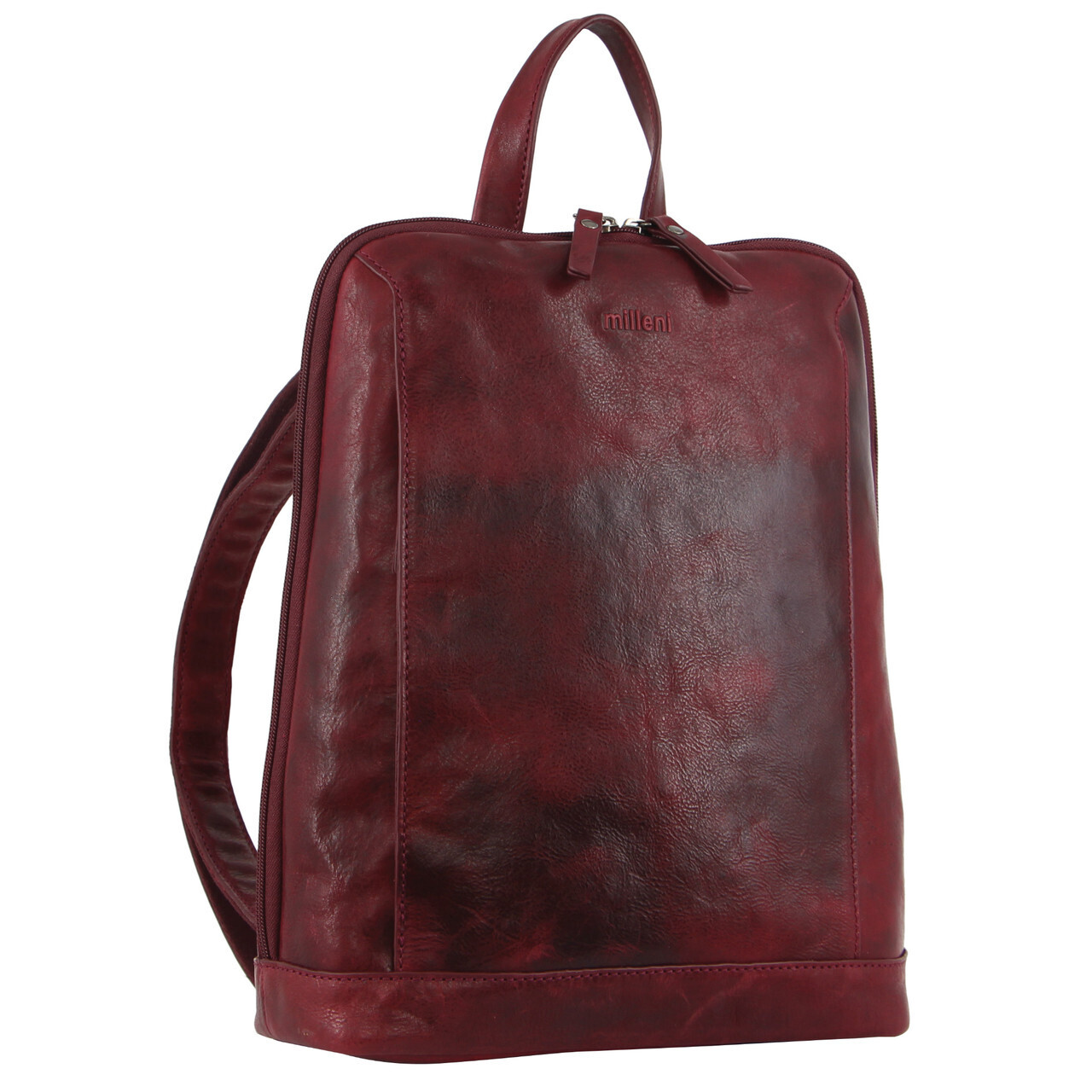 V563-NL3546-CHERRY-140609-00 Milleni Ladies Nappa Leather Bag Twin Zip Backpack w/ Zipped Pocket - Cherry Red - Image 1