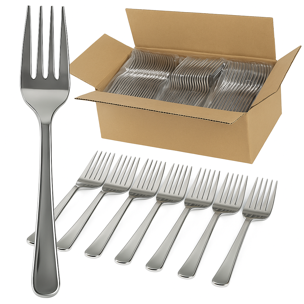 V563-PC1955S-50-1BOX-202506241245-00 1200x Reusable Plastic Forks Cutlery Bulk BPA Free Extra Strong - Gloss Silver - Image 1