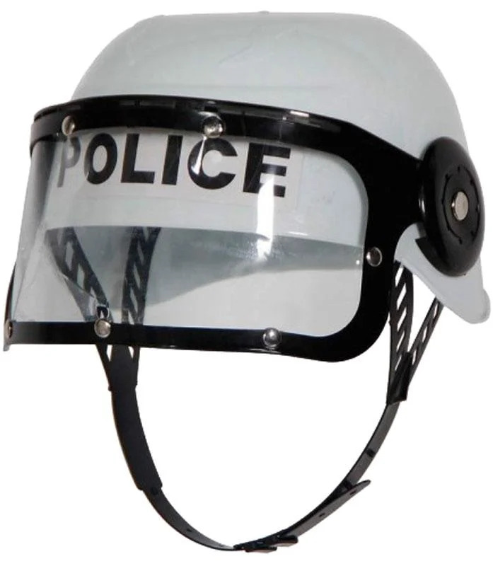 V563-POLICEHAT-PLTCHELMET-WHT-184325-00 POLICE HAT Plastic Helmet Cap Costume Party w Strap Clear Visor - White - Image 1