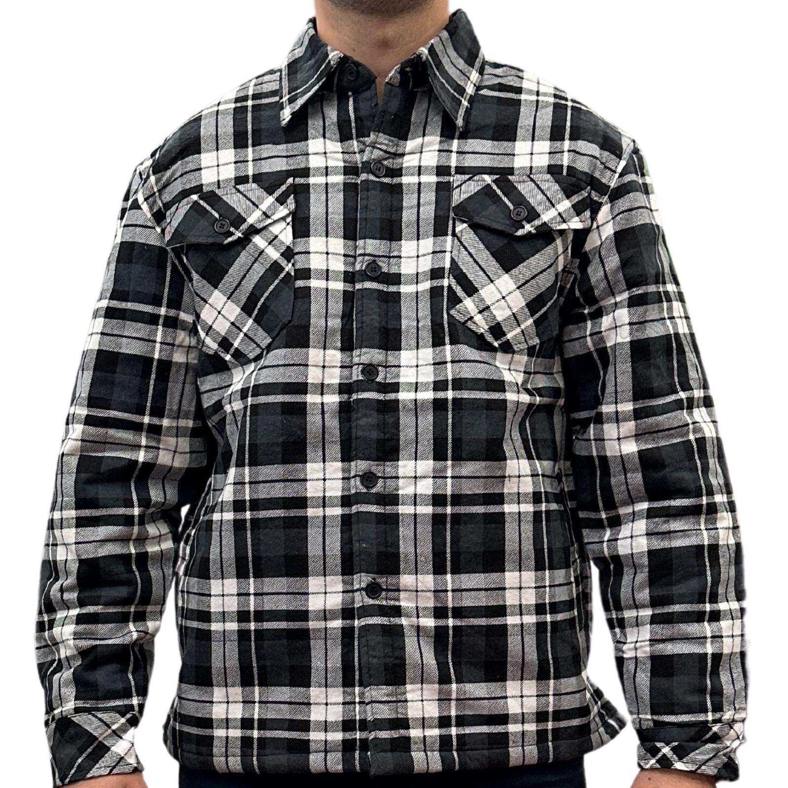 V563-QFS-BLK_CHAR_WHT_QLTD-S-202503051651-00 Mens QUILTED FLANNELETTE SHIRT 100% COTTON Flannel Jacket Padded Long Sleeve - Black/Charcoal/White (Quilted) - S - Image 1
