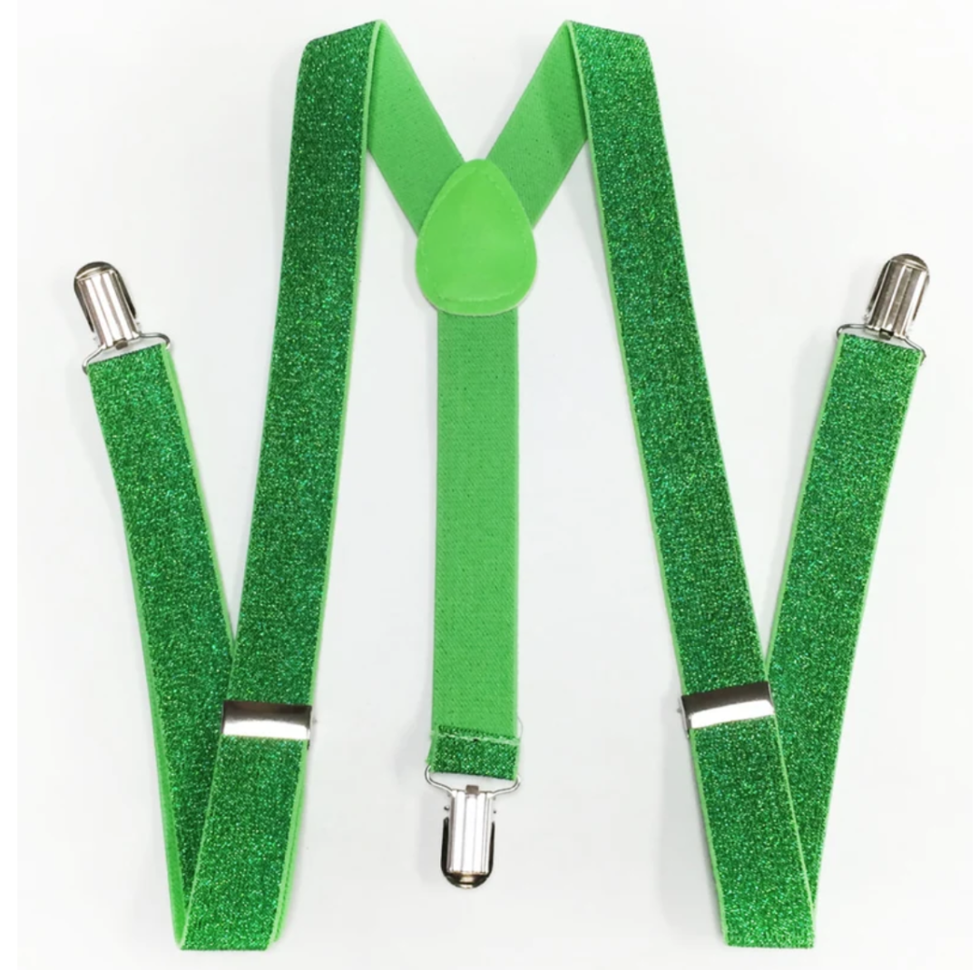 V563-SLIMSUSPENDERS-GRNGLIT-184803-00 Mens Suspenders Braces Adjustable Strong Clip On Elastic Formal Wedding Slim - Green (Glitter) - Image 1