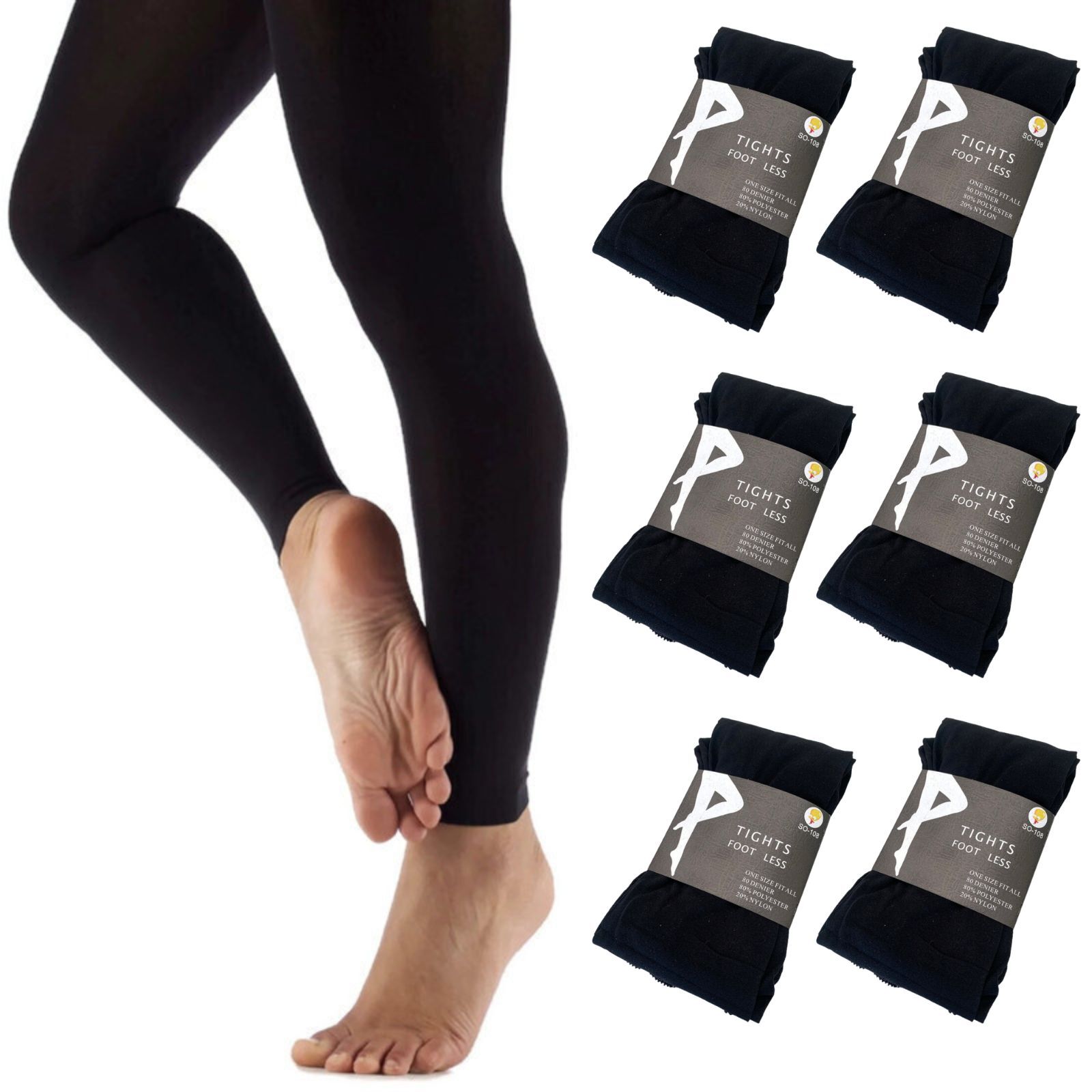 V563-SO-108-6PCS-202503051536-00 6x Womens Ladies Footless Tights Stockings Pantyhose Leg Hosiery Thermal - Black - Image 1