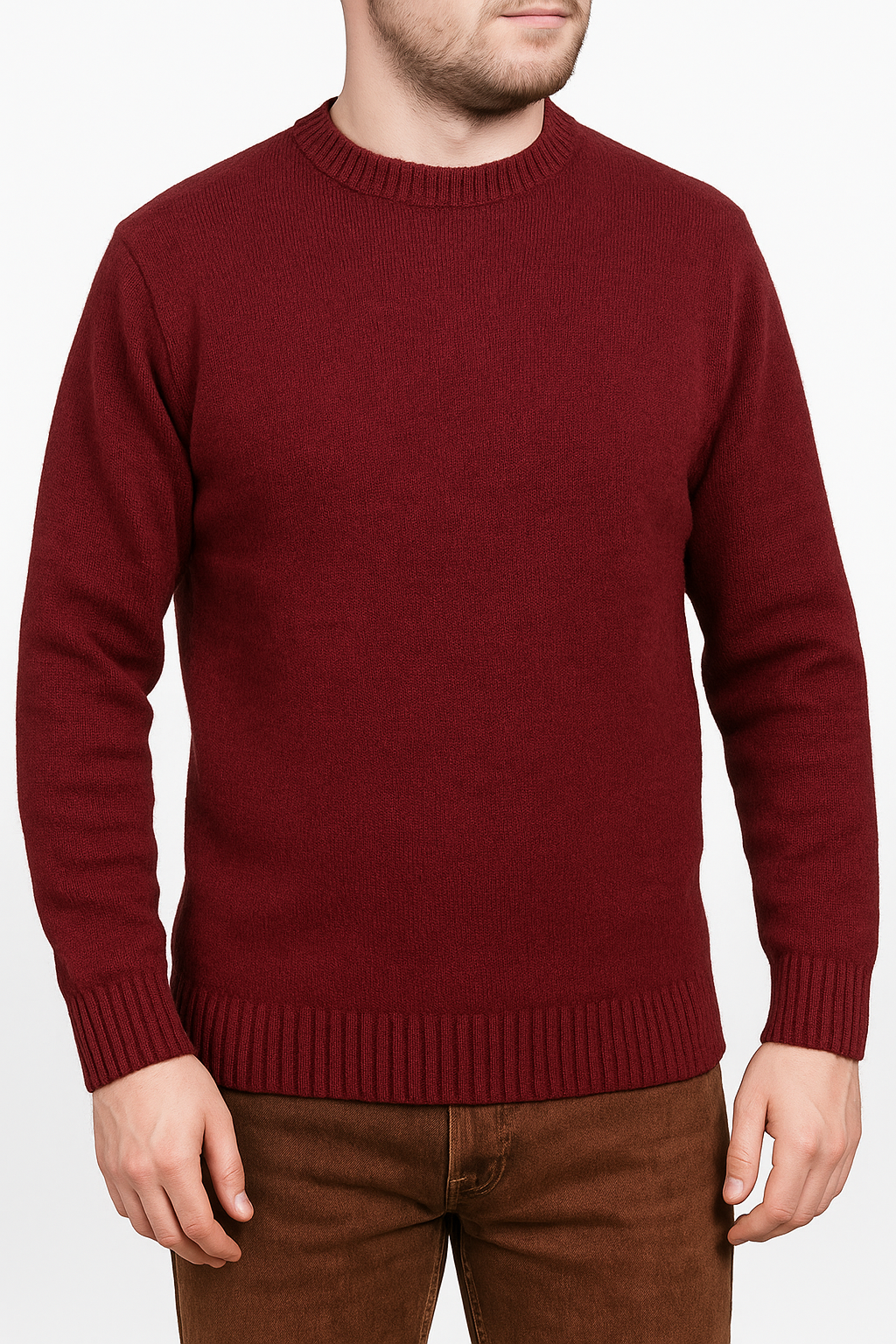 V563-SW-CN-BRGNDY97-L-202505121258-00 100% SHETLAND RAGG WOOL CREW Round Neck Knit JUMPER Pullover Mens Sweater Knitted - Burgundy - L - Image 1