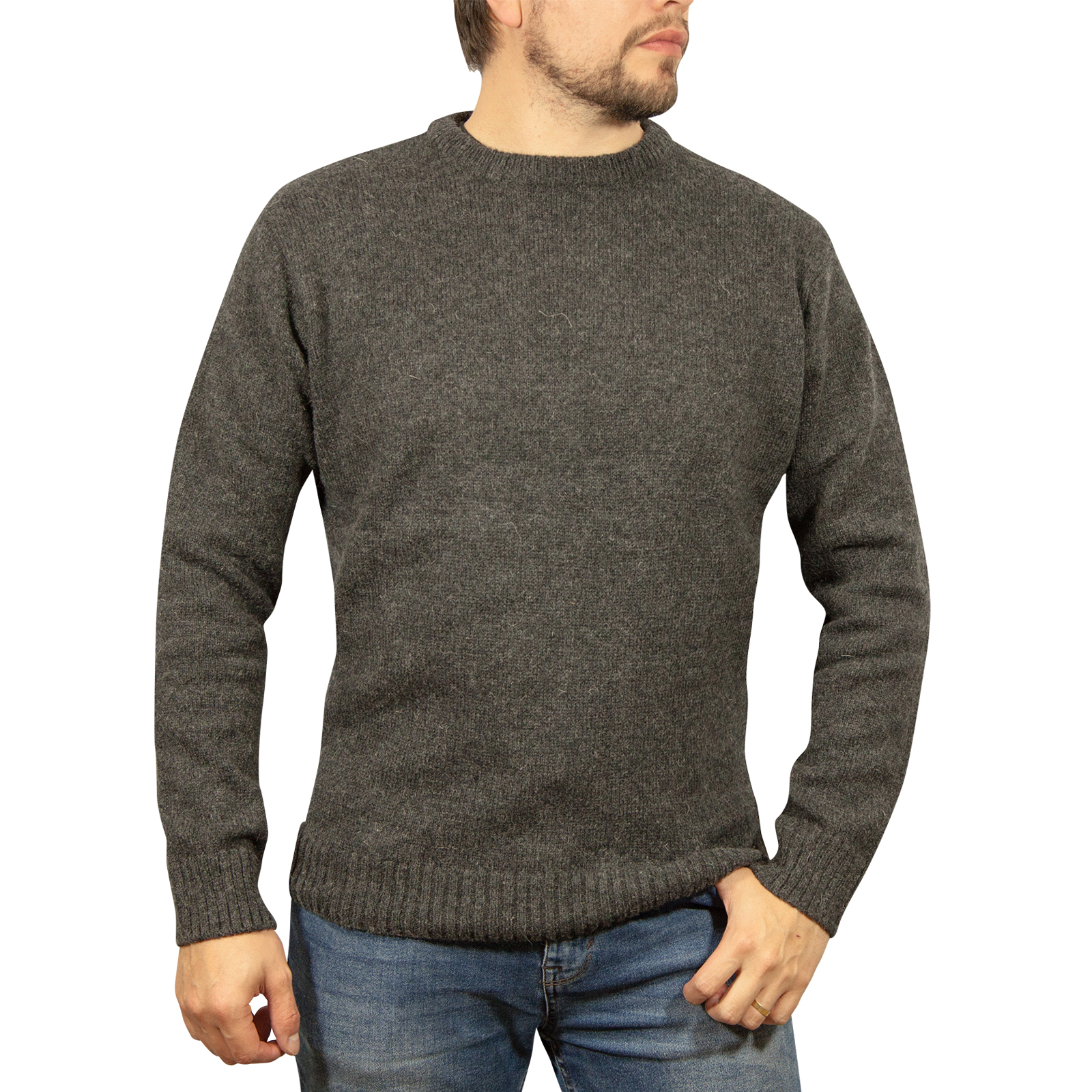 V563-SW-CN-CHRCL29-XXL-202505121525-00 Mens 100% Shetland Ragg Wool Round Neck Knit Jumper Pullover Crew Sweater - Charcoal (29) - XXL - Image 1