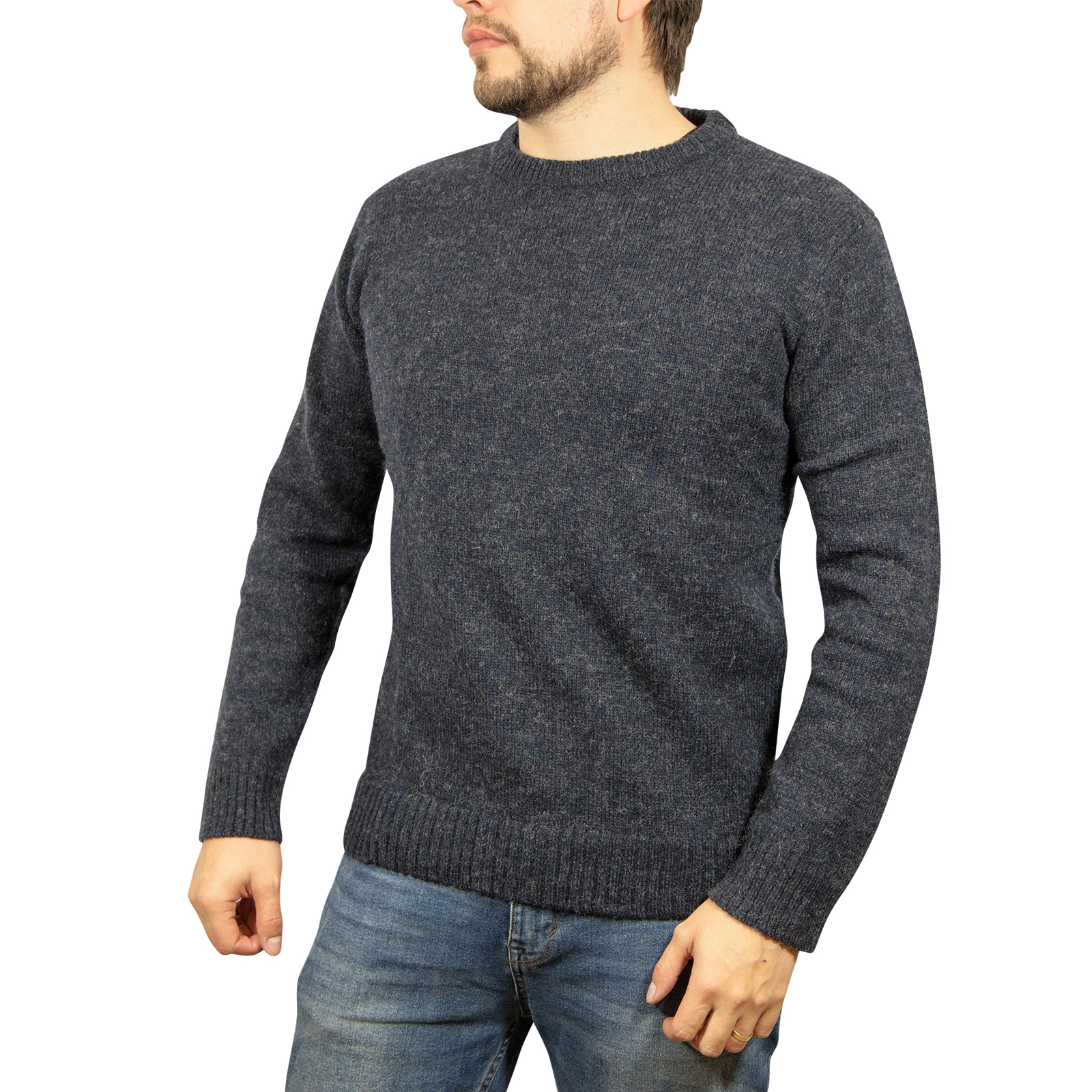 V563-SW-CN-DNM45-M-202505121520-00 100% SHETLAND RAGG WOOL CREW Round Neck Knit JUMPER Pullover Mens Sweater Knitted - Navy - M - Image 1