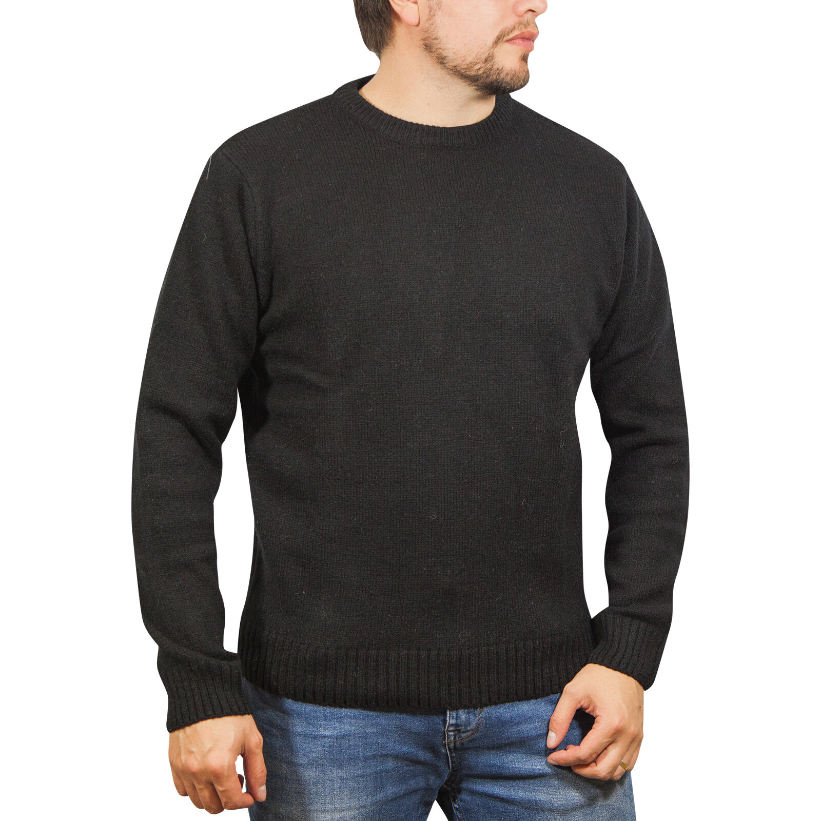 V563-SW-CN-FBK-99B-L-202505121516-00 100% SHETLAND RAGG WOOL CREW Round Neck Knit JUMPER Pullover Mens Sweater Knitted - Plain Black - L - Image 1