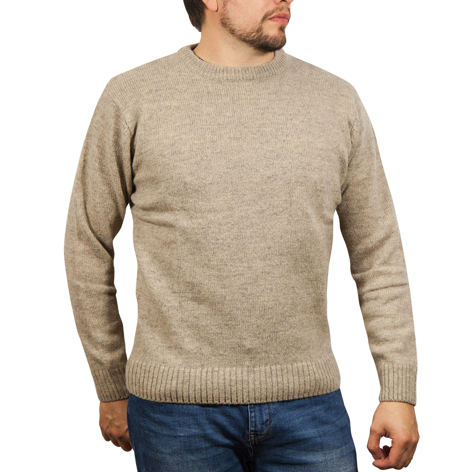 V563-SW-CN-OAT03-3XL-202505121253-00 100% SHETLAND RAGG WOOL CREW Round Neck Knit JUMPER Pullover Mens Sweater Knitted - Beige - 3XL - Image 1