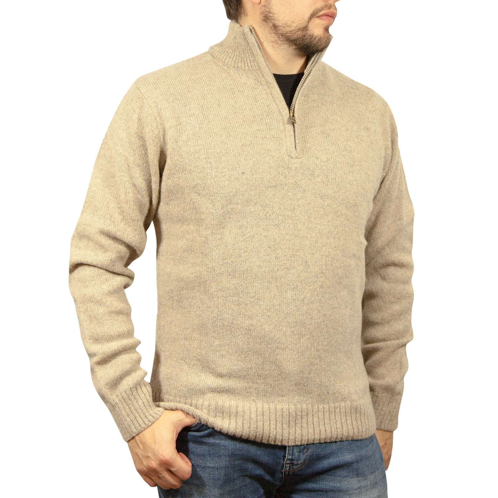 V563-SW-HZ-OATMARLE03-6XL-202507251055-00 100% SHETLAND RAGG WOOL Half Zip Up Knit JUMPER Pullover Mens Sweater Knitted - Oat Marle - 6XL - Image 1