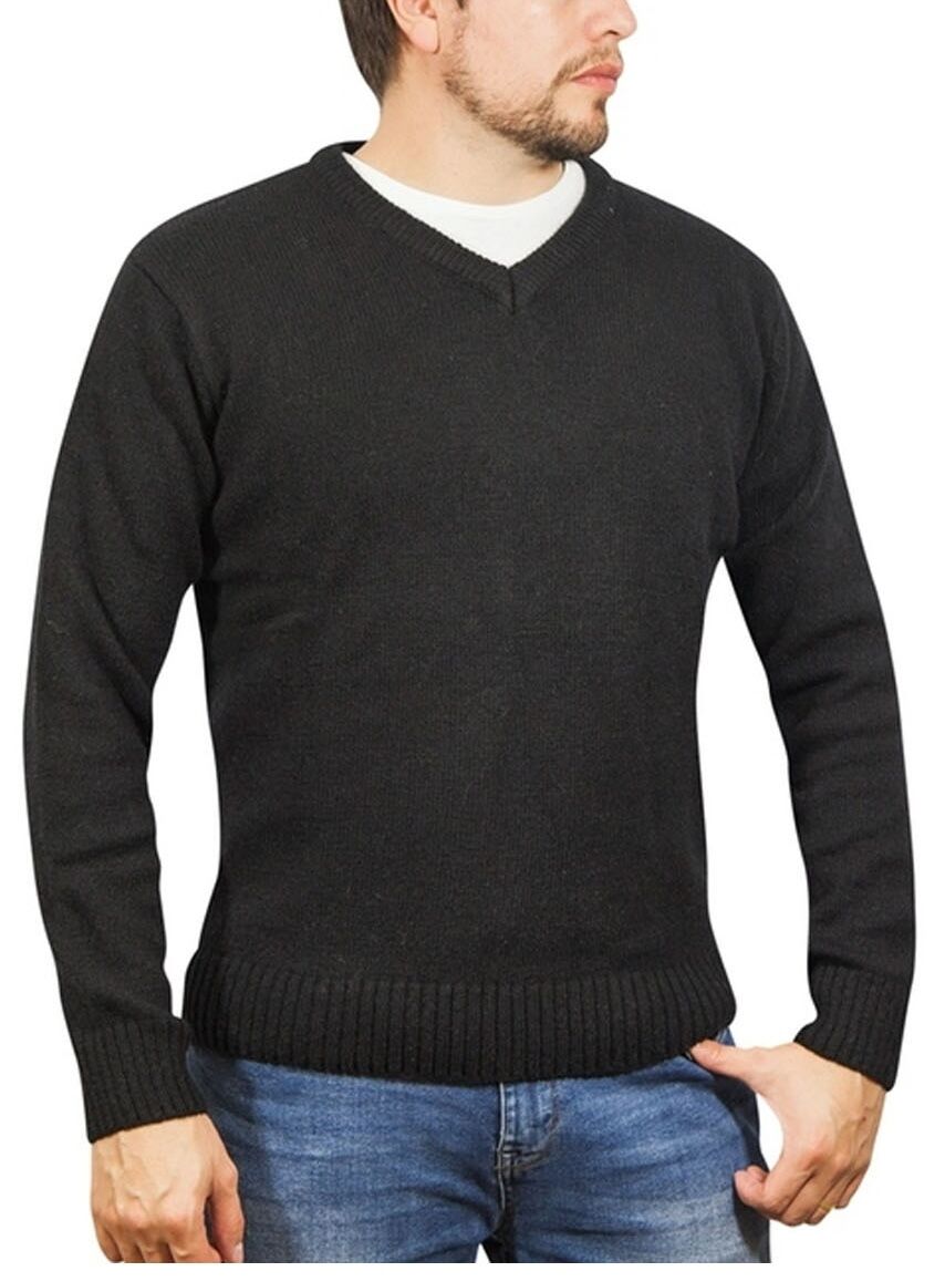 V563-SW-VN-FBK99B-5XL-202507251210-00 100% Shetland Ragg Wool V Neck Knit Jumper Pullover Mens Sweater Knitted - Plain Black - 5XL - Image 1