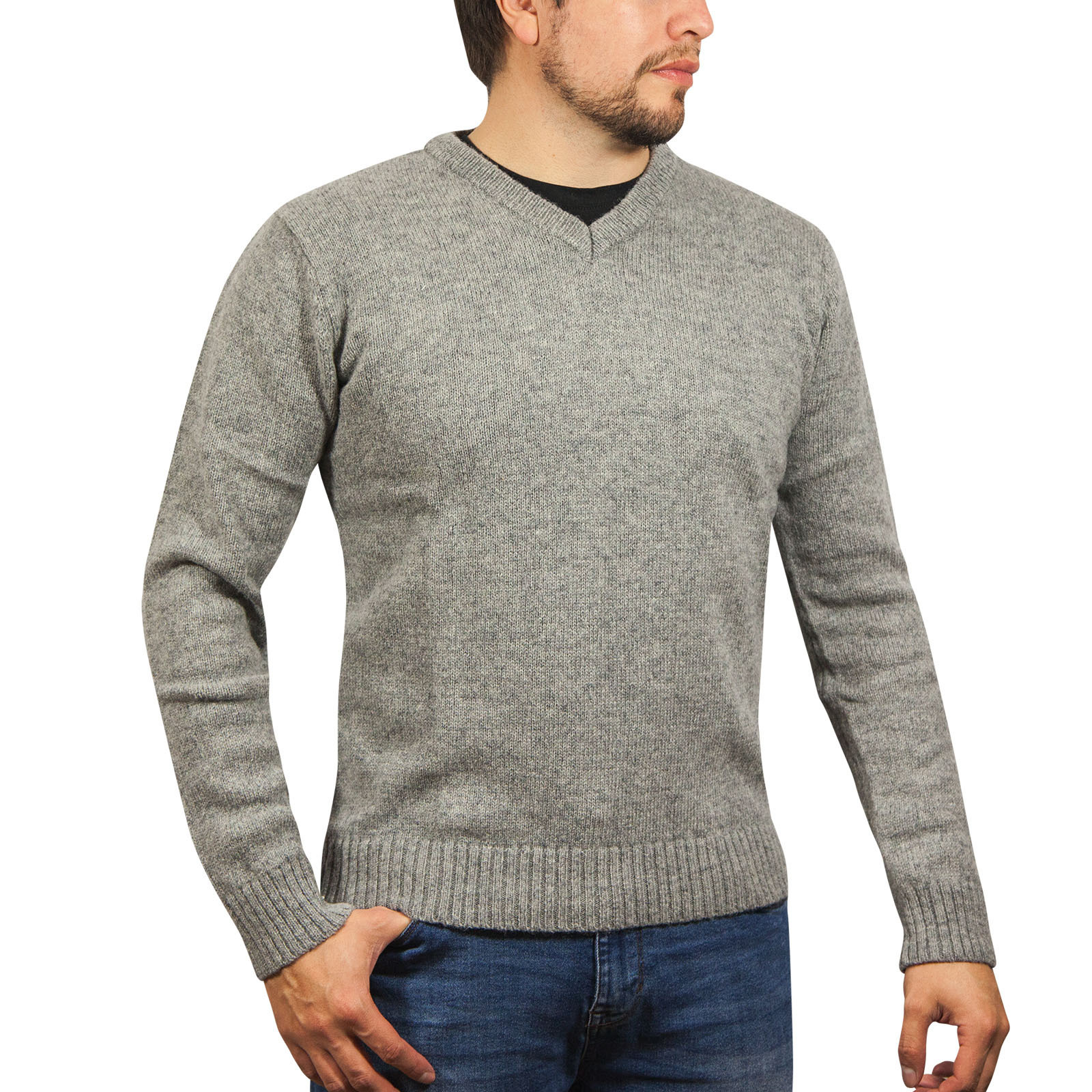 V563-SW-VN-GRY21-XL-202507251230-00 100% Shetland Ragg Wool V Neck Knit Jumper Pullover Mens Sweater Knitted - Grey - XL - Image 1