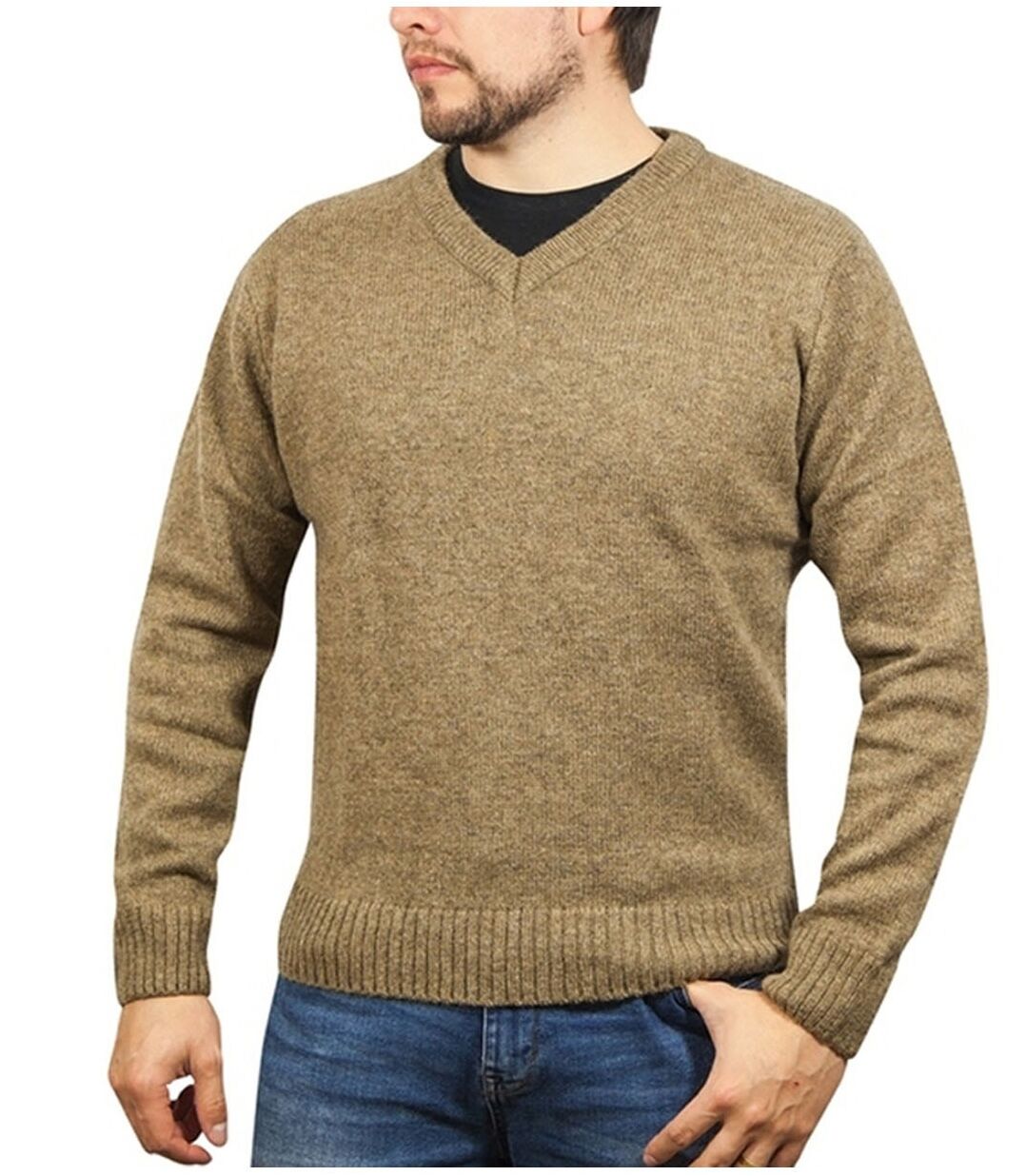 V563-SW-VN-NUTMEG23-XXL-202507251230-00 100% Shetland Ragg Wool V Neck Knit Jumper Pullover Mens Sweater Knitted - Nutmeg - XXL - Image 1