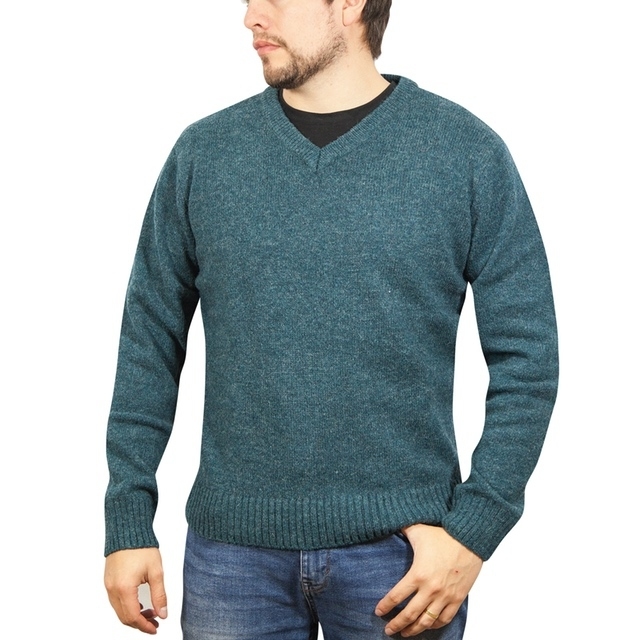 V563-SW-VN-SHWD-S-174171-00 100% Shetland Ragg Wool V Neck Knit Jumper Pullover Mens Sweater Knitted - Sherwood - S - Image 1