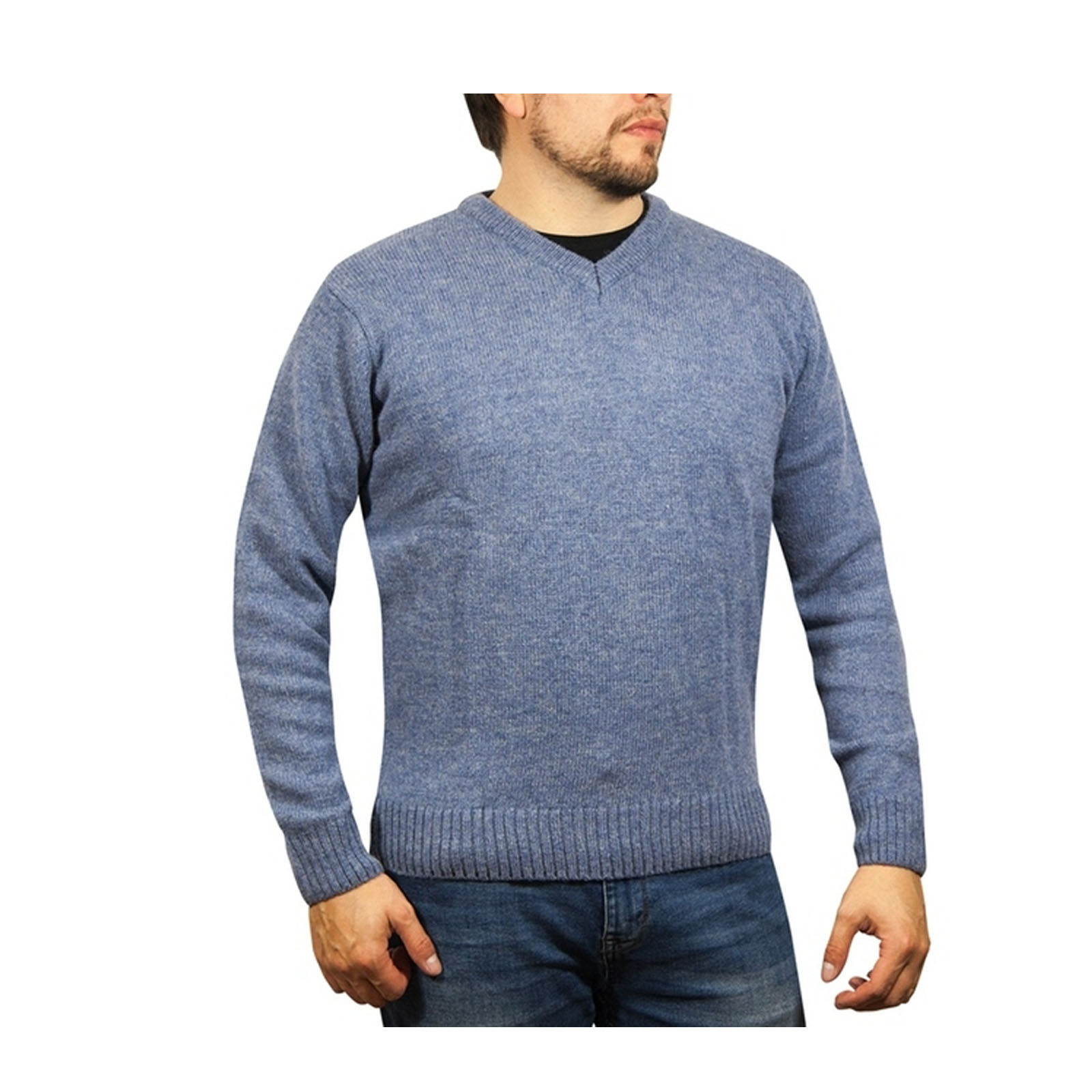 V563-SW-VN-SKY40-XL-149750-00 100% Shetland Ragg Wool V Neck Knit Jumper Pullover Mens Sweater Knitted - Sky - XL - Image 1