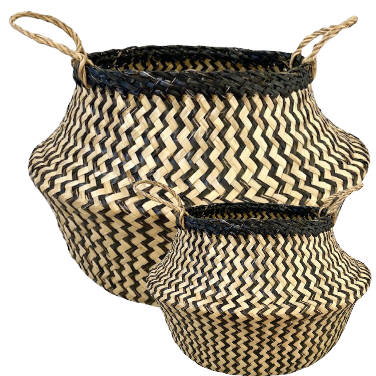 V563-UI5091_2PCS-202503051506-00 2x ROUND BELLY SEAGRASS STORAGE BASKET Natural Straw Folding - Chevron Black/Natural - Image 1