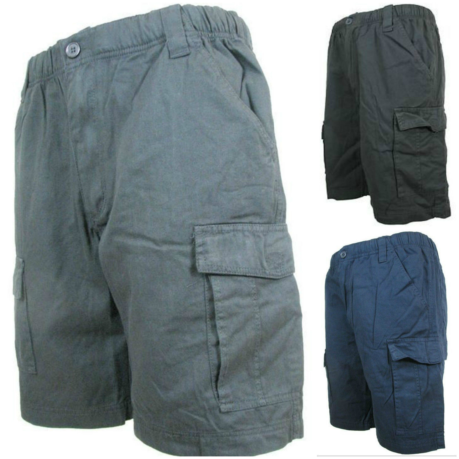 V563-UMW-6192-BLK-S-202503051511-00 CARGO SHORTS Elastic Waist 100% COTTON Army Military PLAIN Pocket Mens S-XXL - Black - S - Image 1