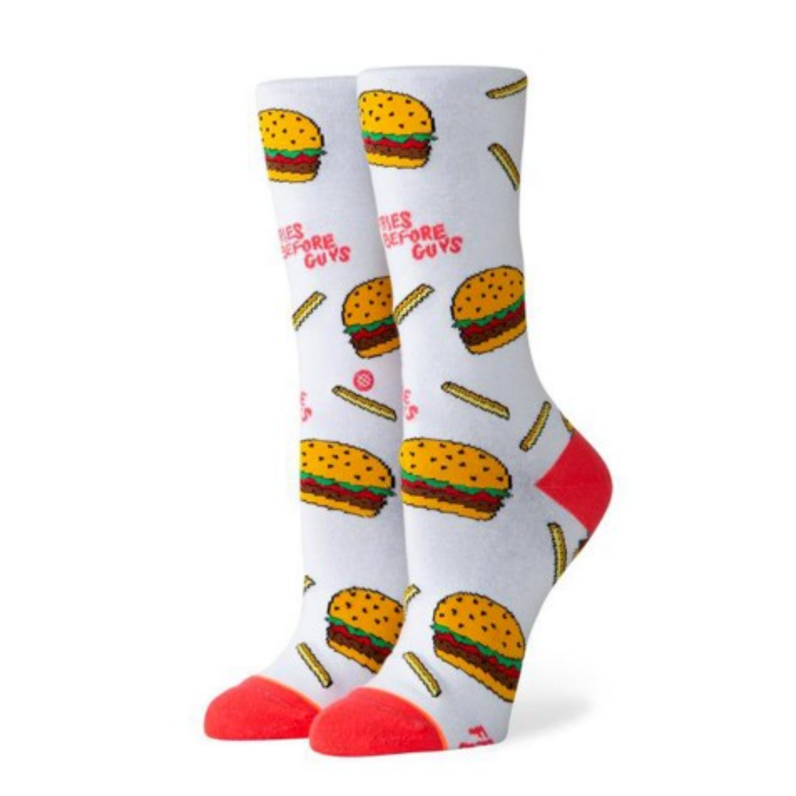 V563-W545D19FBG-WHT-S-174345-00 Stance ""Fries Before Guys"" Burger & Fries Crew Socks – Fun Food Print - S - Image 1
