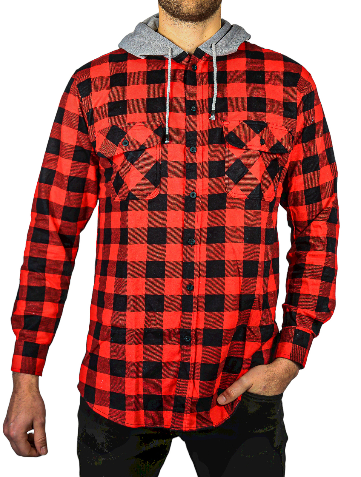 V563-WS47-190-3XL-202503052115-00 Mens Cotton Flannelette Shirt w Jersey Hood Long Sleeve Flannel - Red/Black - 3XL - Image 1