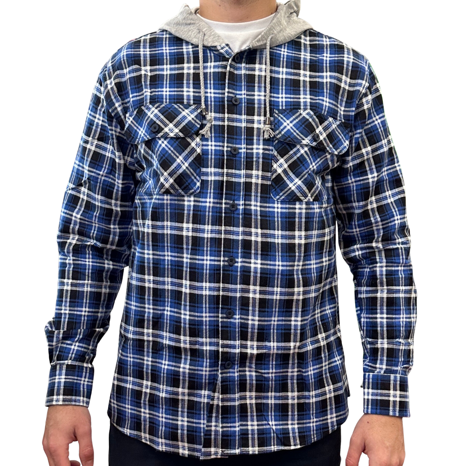 V563-WS47-45-2XL-202503051835-00 Mens Cotton Flannelette Shirt w Jersey Hood Long Sleeve Flannel - Denim - 2XL - Image 1