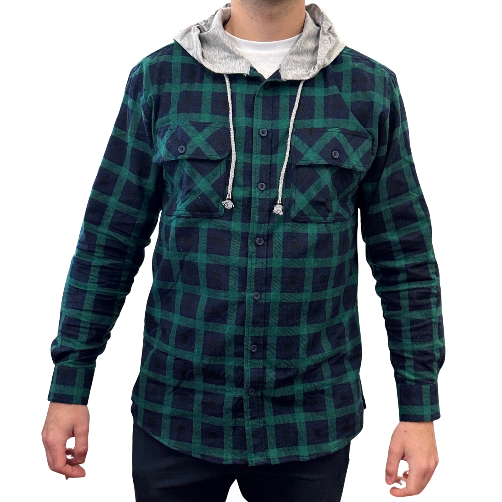 V563-WS47-82-M-202503051552-00 Mens Cotton Flannelette Shirt w Jersey Hood Long Sleeve Flannel - Green - M - Image 1