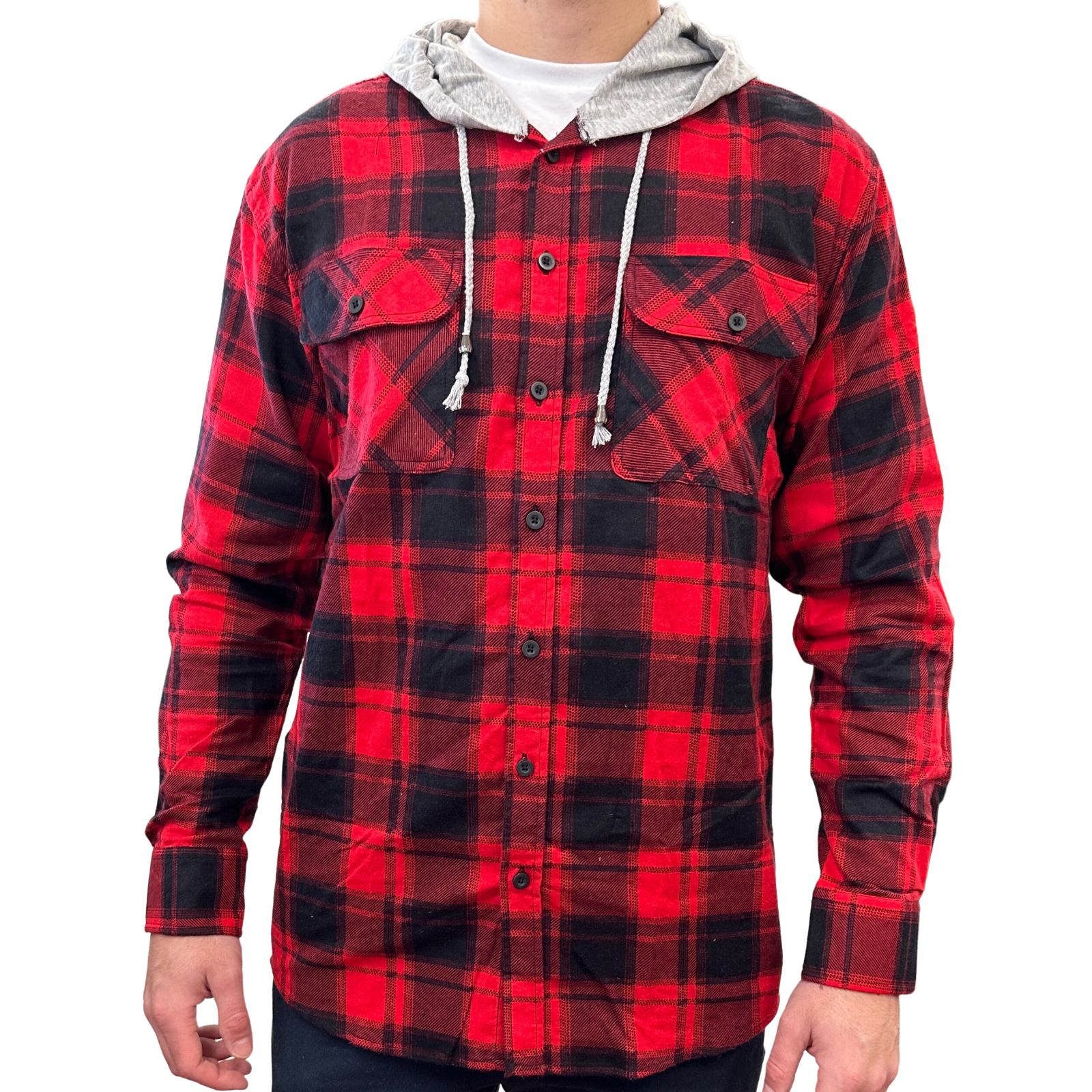 V563-WS47-90-M-202502281327-00 Mens Cotton Flannelette Shirt w Jersey Hood Long Sleeve Flannel - Red - M - Image 1