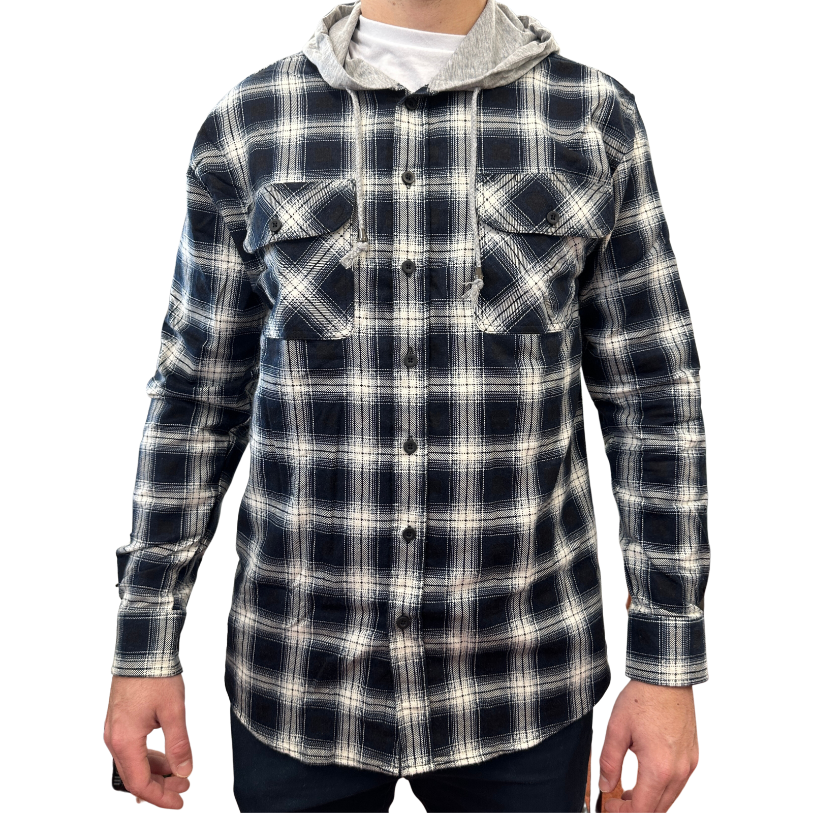 V563-WS47-99-L-177447-00 Mens Cotton Flannelette Shirt w Jersey Hood Long Sleeve Flannel - Black - L - Image 1