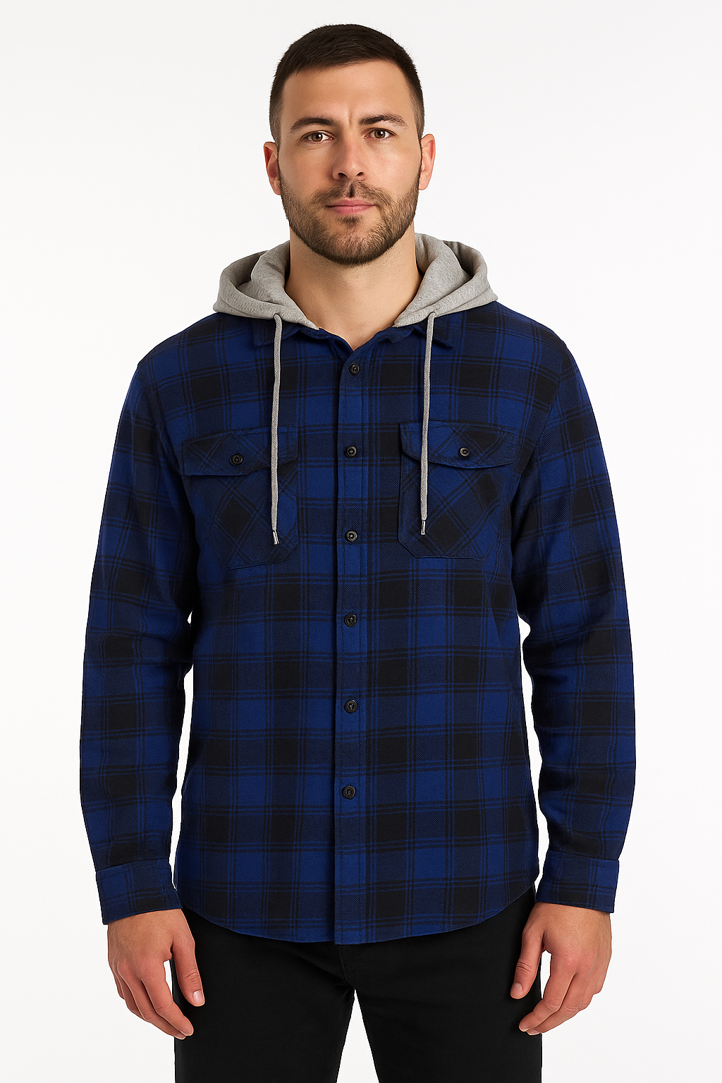 V563-WS47-ROYALBLU44-S-202505121330-00 Mens Cotton Flannelette Shirt w Jersey Hood Long Sleeve Flannel - Royal Blue - S - Image 1